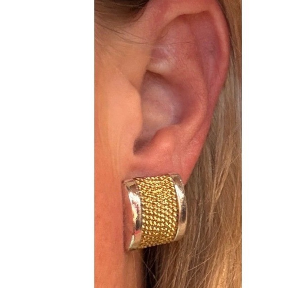 Vintage Two Tone Gold Mesh Silver Border Clip On Screw Back Earrings Mens Womens